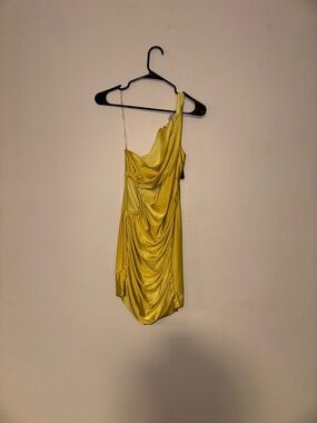 One-Shoulder Yellow Draped Mini Dress